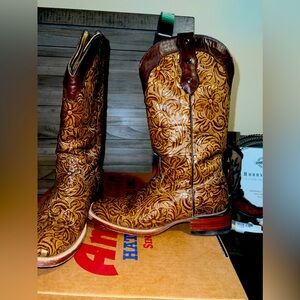 Rock em’ squared toe boots; tooled floral pattern